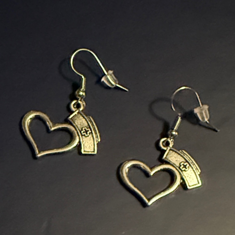 Silver Heart with Nursing Hat Earrings - Picture 2 of 5